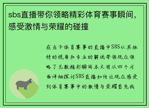 sbs直播带你领略精彩体育赛事瞬间，感受激情与荣耀的碰撞